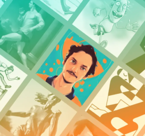A collage of illustrations, with a mustachioed man in the center