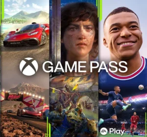 Title art from three games along with the Xbox logo and words game pass