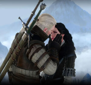 Male and female characters from the computer game The Witcher 3 approach each other for a kiss