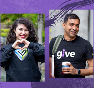 A woman making a heart sign with her hands and a man wearing a T-shirt saying give
