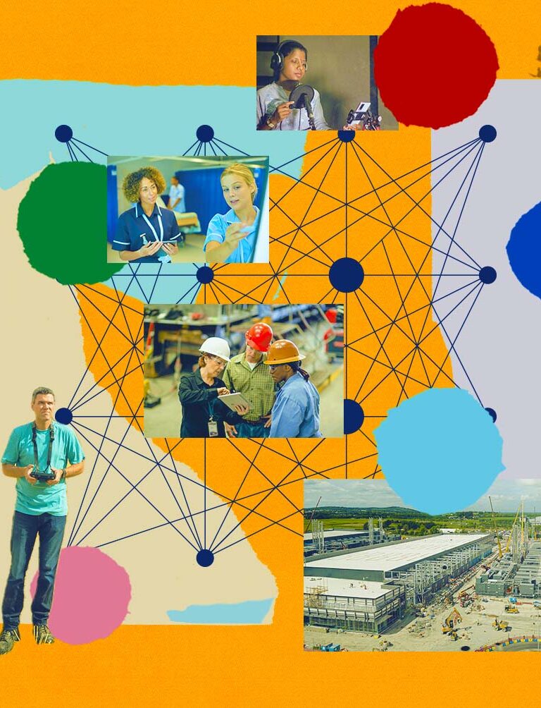 A graphic showing lines and dots in the background behind four photographs representing the four areas of Microsoft's approach to AI. A man in the lower left is shown controlling a drone flying in the upper right corner.