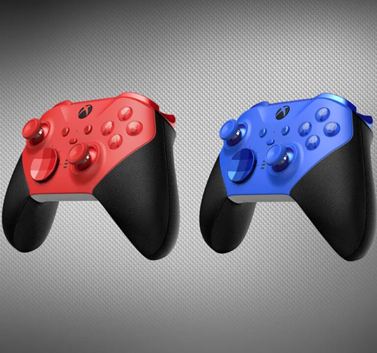 Two Xbox controllers, one red and one blue