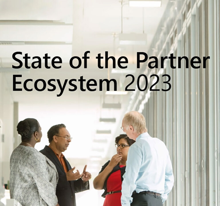 Four people talking, along with the words state of the partner ecosystem 2023