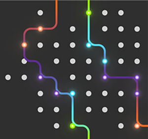 White dots against a black background, connected by colorful lines