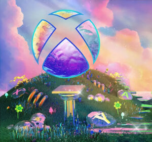 Xbox logo on a grassy hill strewn with objects, some with letters on them