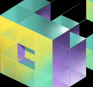A multicolored three dimensional cube on a black background