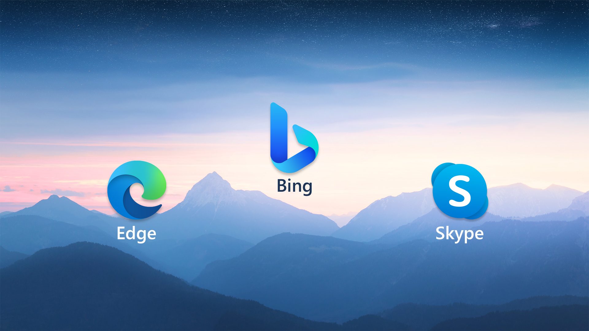 Icons for Edge, Bing and Skype on top a mountainous background