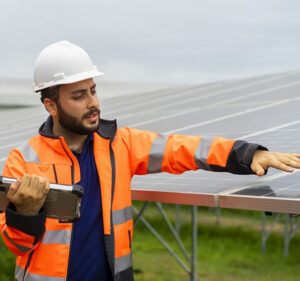 Man wearing a hardhat and holding a rugged laptop computer points to a rack of solar panels