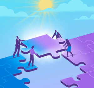 Graphic depiction of four people putting a large puzzle piece into place