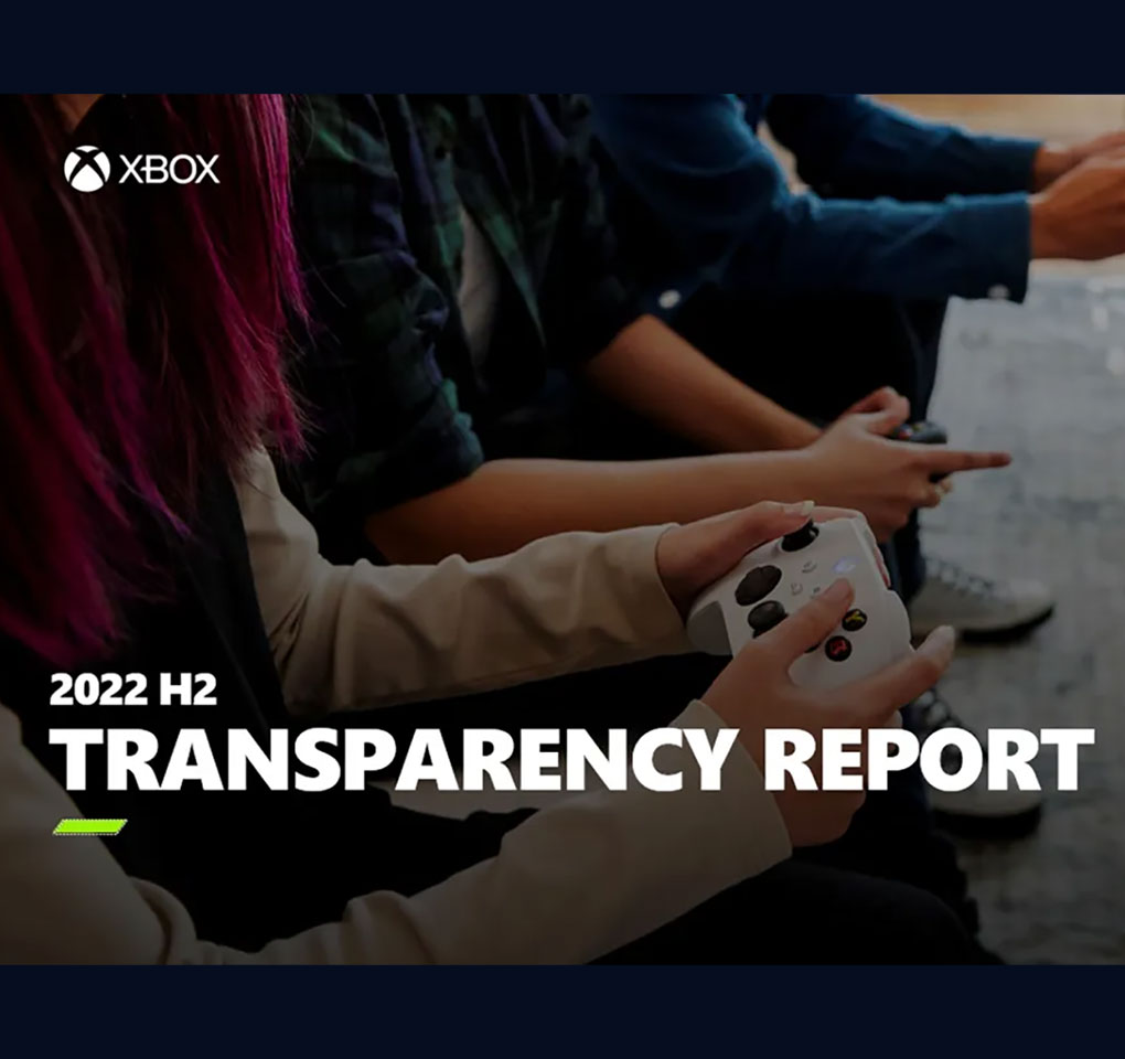 The hands of three players holding gaming controllers, along with the Xbox logo and the words "2022 H2 Transparency Report"