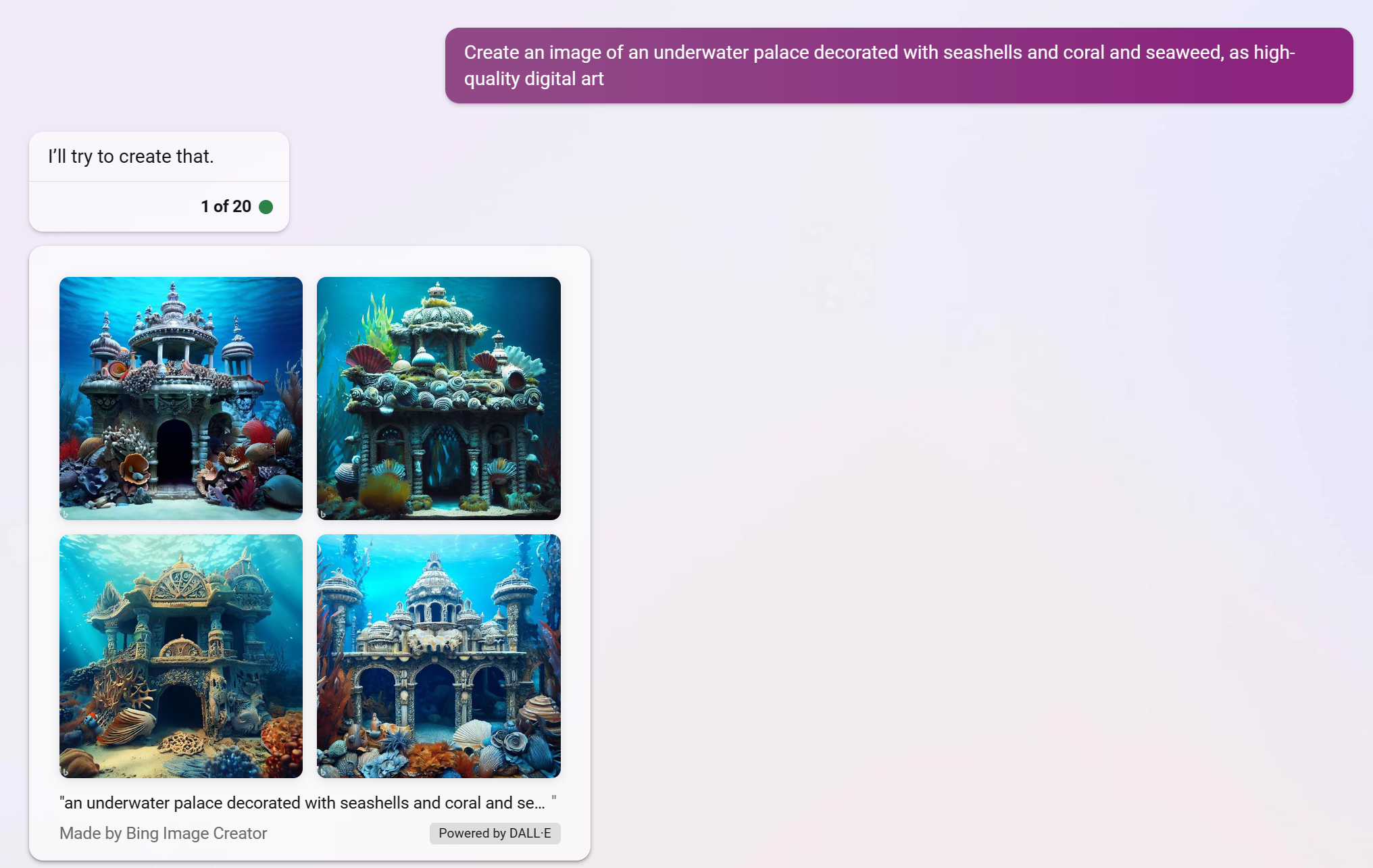 Bing Chat conversation showing images of an underwater palace.