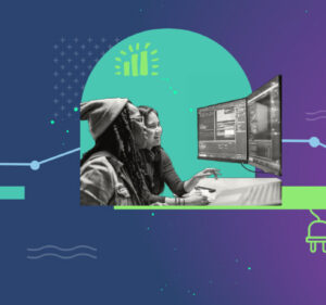Illustration with graphics and images that show development of a copilot, from accessing cloud tools, to adding plugins to other software and deploying the copilot for use at a call center.