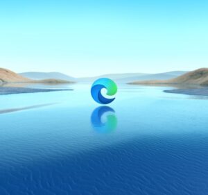 Microsoft edge logo on top of a watery landscape scene