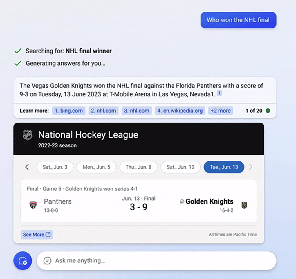 Bing response to a search for the NHL final winner