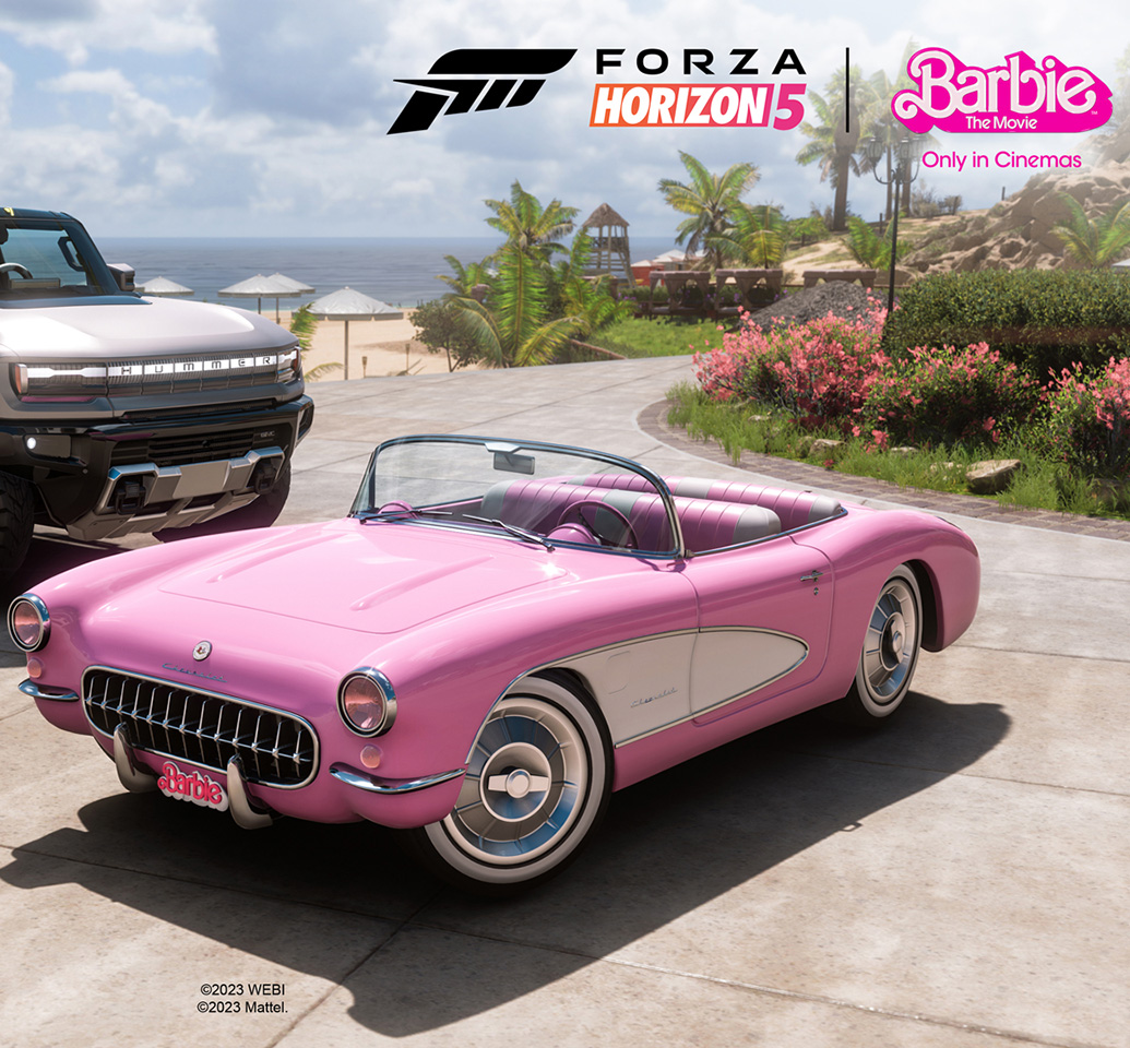 Pink 1956 Chevrolet Corvette EV Corvette, along with logos for Forza Horizon and Barbie
