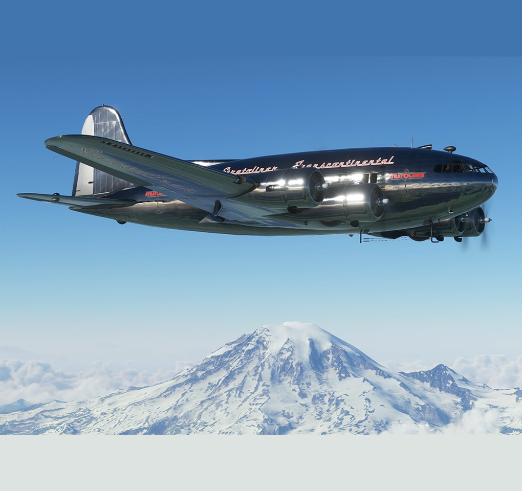 Boeing Stratoliner 307 in flight with Mount Rainier in the background