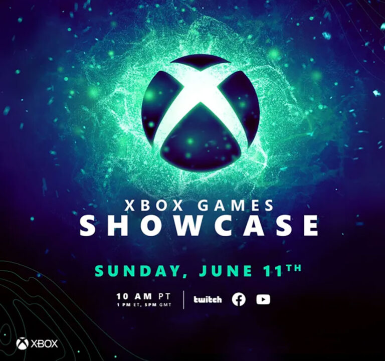 Xbox logo in front of a starry background along with the words "Xbox Games Showcase, Sunday, June 11" and logos