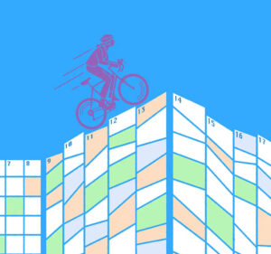 Illustration of a person on a bicycle riding along a chart representing days of a month