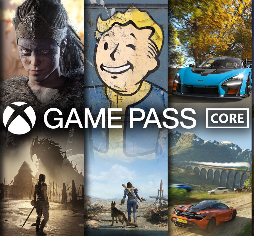 Title art from six popular games, along with the Xbox logo and text reading "Game Pass Core"