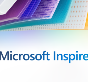 A background of colorful shapes on top and Microsoft Inspire spelled out on bottom