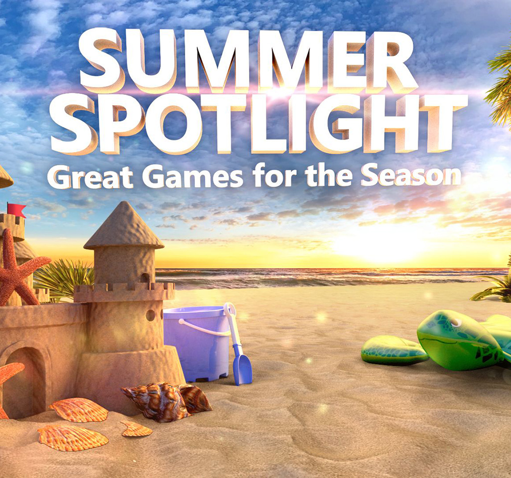 Sand castle, bucket and shovel on a beach, along with the words "Summer spotlight: Great games for the season"
