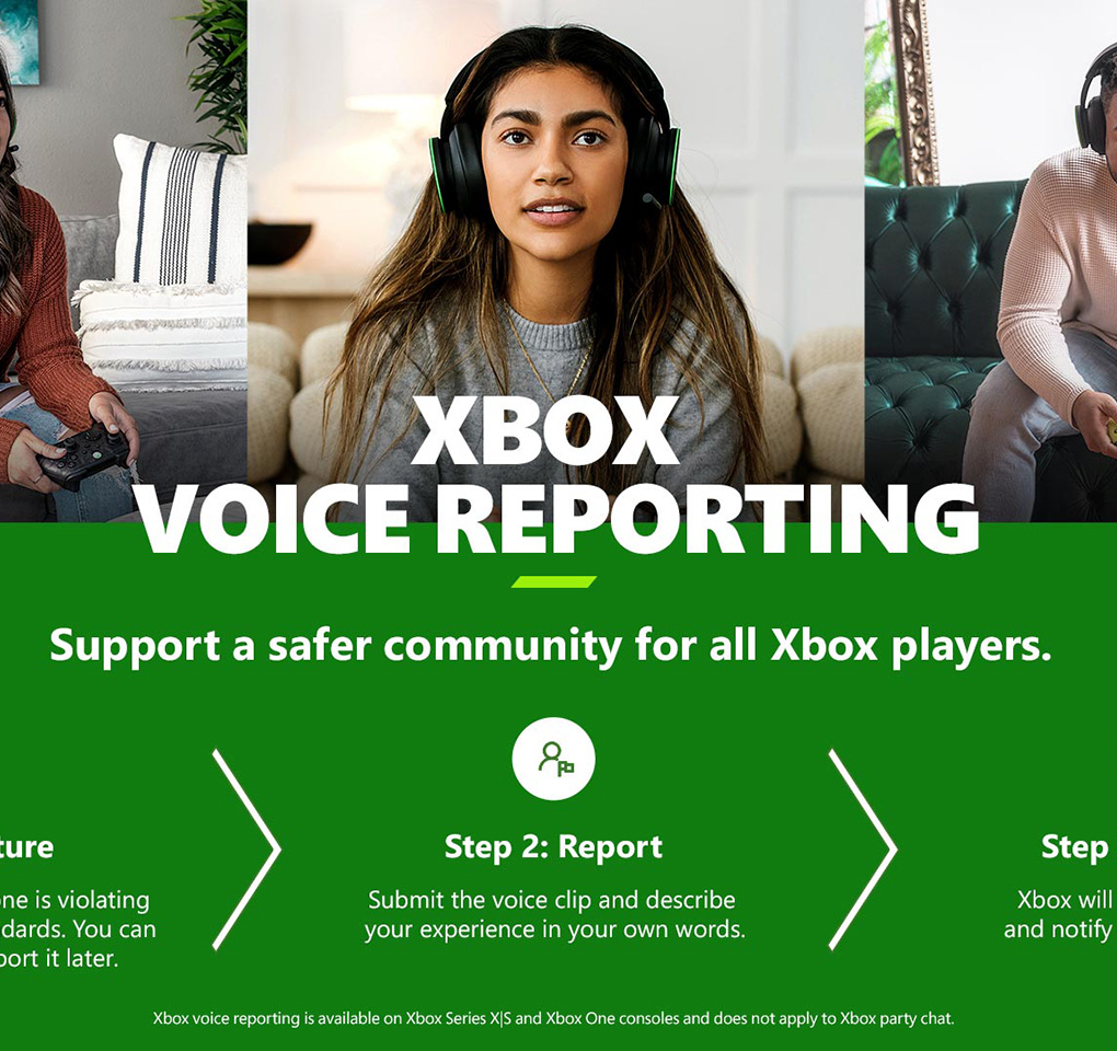 Woman wearing a set of headphones, along with text from the landing page about Xbox voice reporting