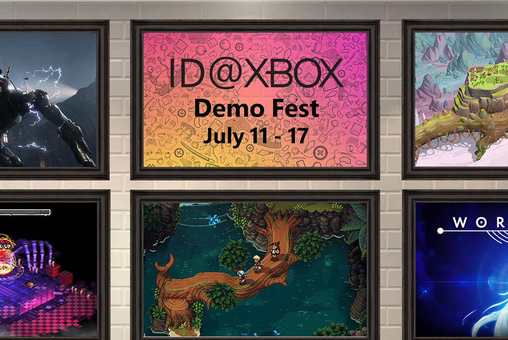 Six picture frames, each with images from games except for one reading ID@XBOX Demo Fest July 11-17