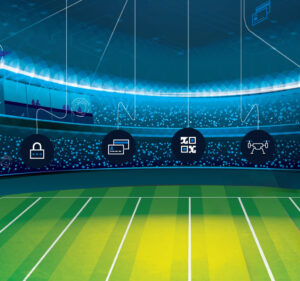 Football stadium with four security-related icons superimposed