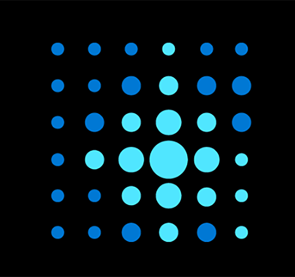 A square pattern of blue dots on a black background
