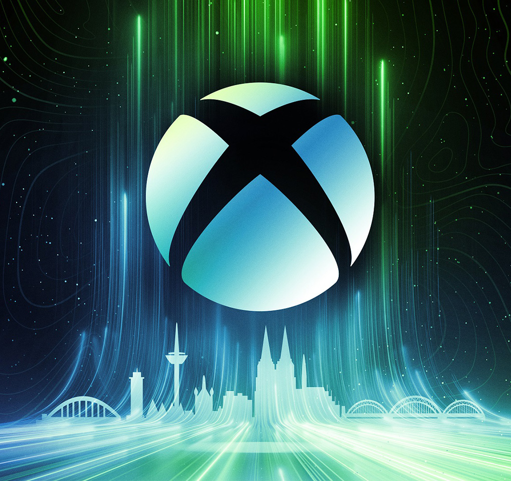 Xbox logo with the skyline of Cologne, Germany, in silhouette