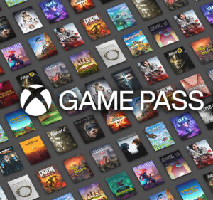 Xbox logo and the words Game Pass in the foreground; title art from dozens of games in the background