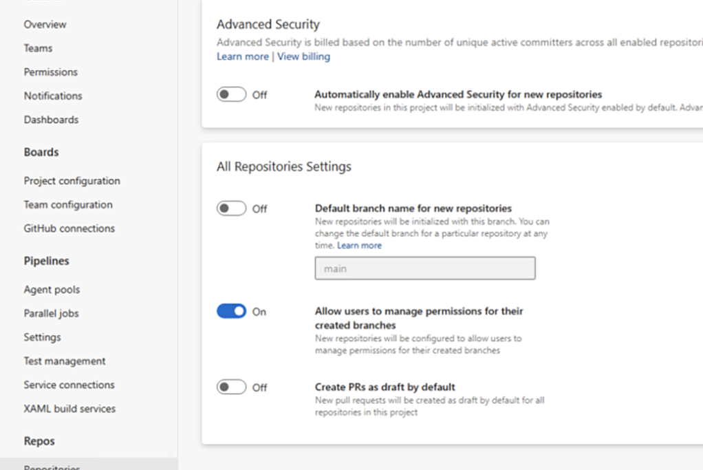 Project settings screen from GitHub Advanced Security for Azure DevOps