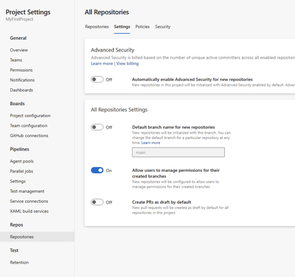 Project settings screen from GitHub Advanced Security for Azure DevOps