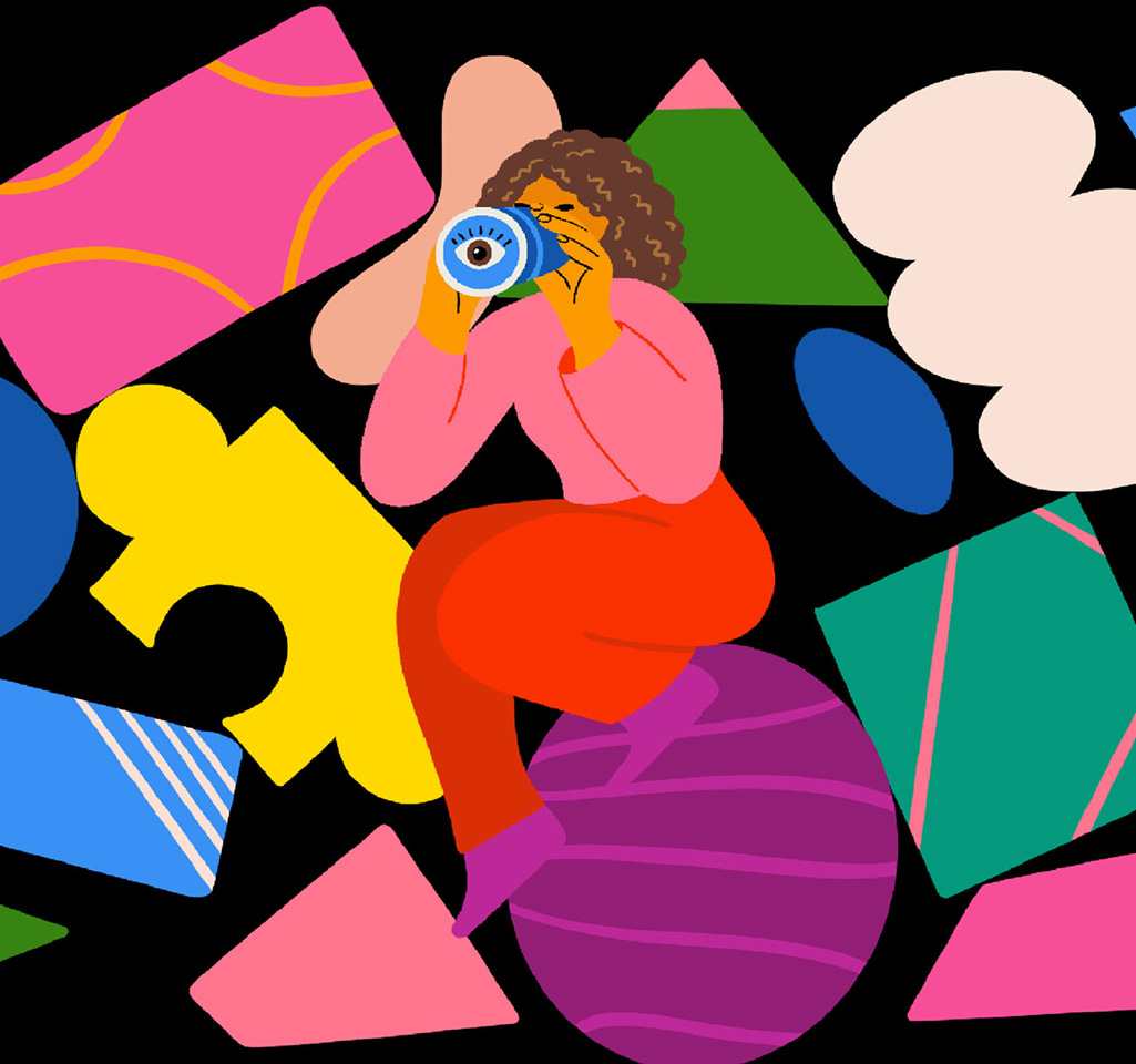 Cartoon of a woman looking through a telescope, surrounded by shapes including a cloud and a puzzle piece