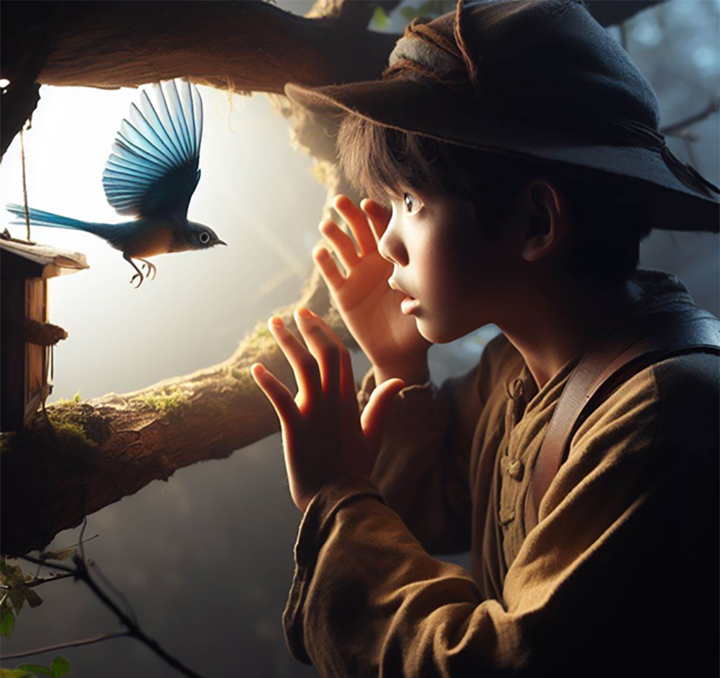 Boy wearing a hat at night looking with fascination at a bird hovering in front of him emanating a glow