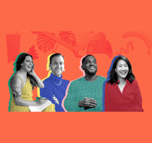 Four smiling people against an orange background