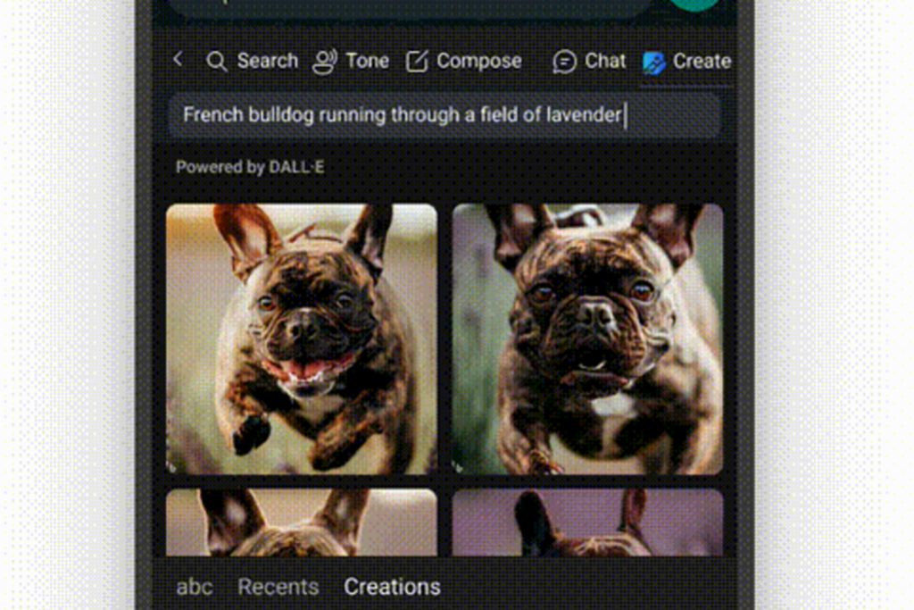 Two images on a cellphone of a French bulldog running through a field of lavender