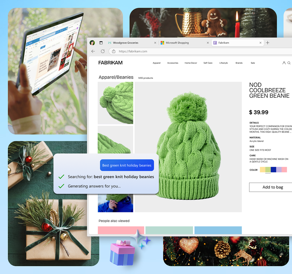 The Microsoft Edge browser window with a green wool hat displayed
