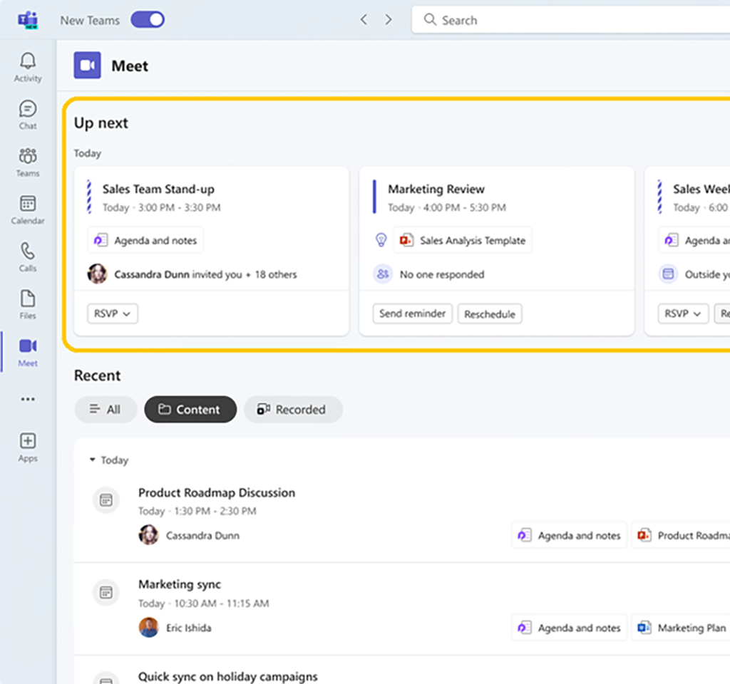 User interface for Meet in Microsoft Teams