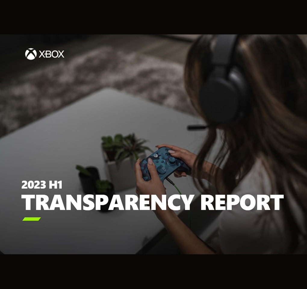 View from behind and above of a woman wearing a headset and holding an Xbox controller, along with the words 2023 H1 Transparency Report