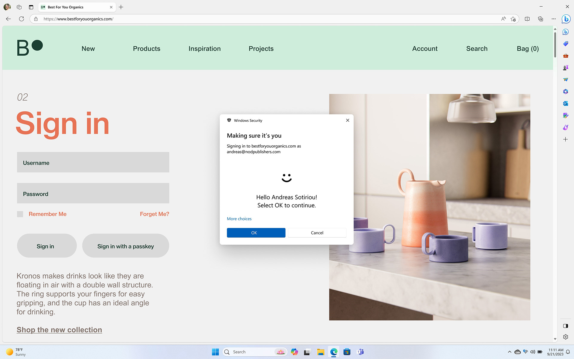 Screenshot of Windows Hello dialog box on top of a website sign-in prompt