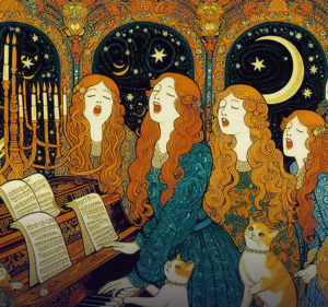 Illustration of four young women with long hair singing around a piano, accompanied by two cats