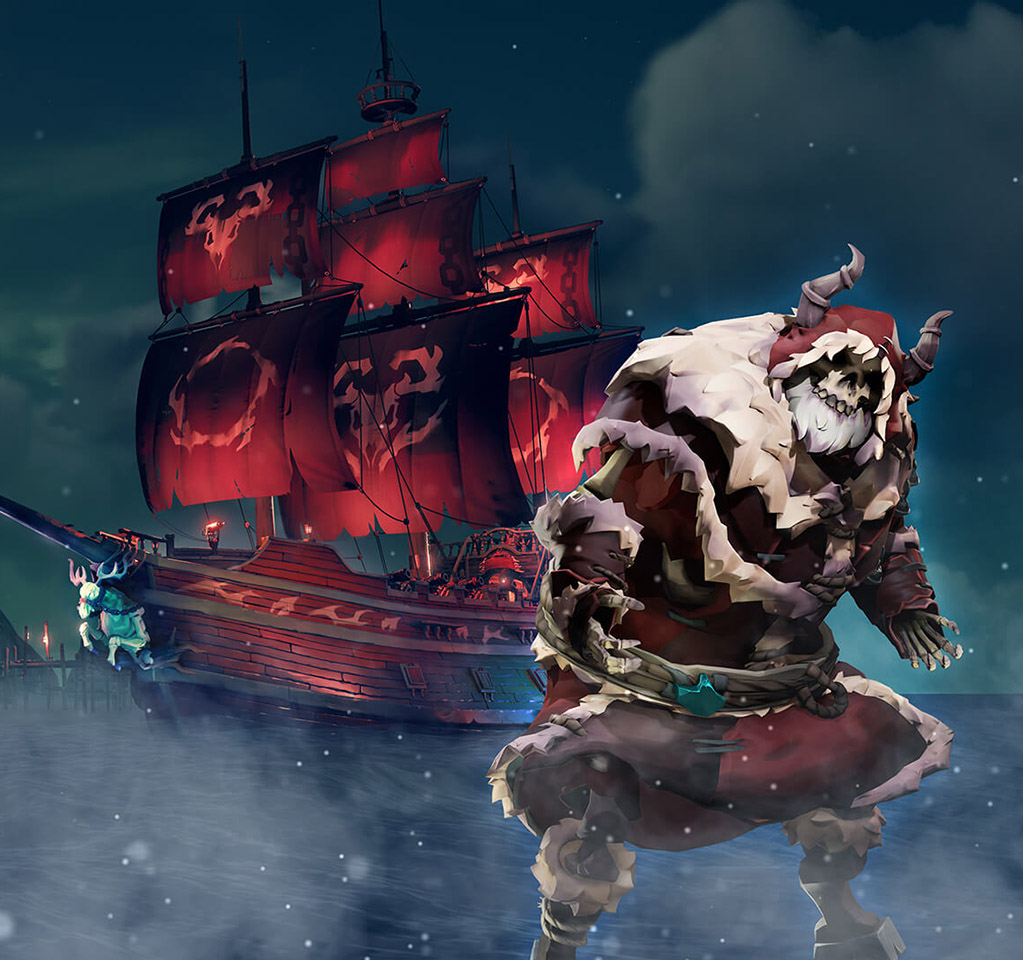 Sea of Thieves character dressed up as Santa Claus in front of a pirate ship
