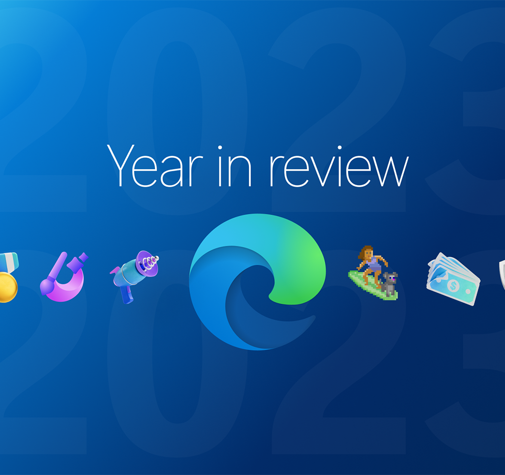 The words "year in review" over a horizontal array of graphics including the Microsoft Edge logo