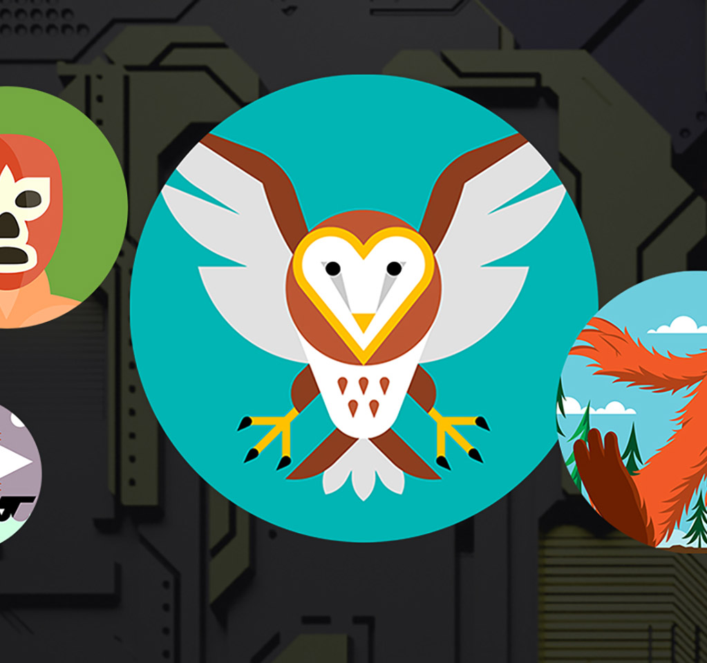 Illustration of an owl in flight, surrounded by other gaming characters