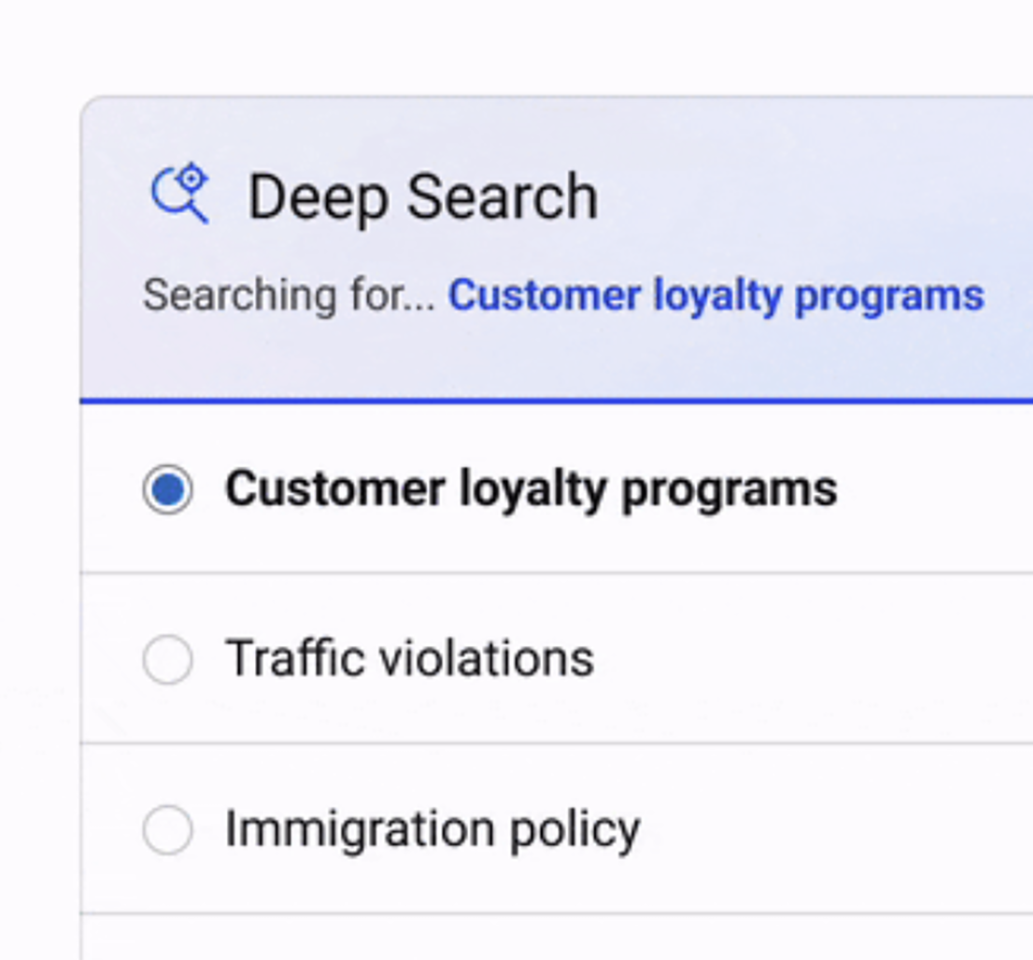 Deep Search screen with three topics to choose from