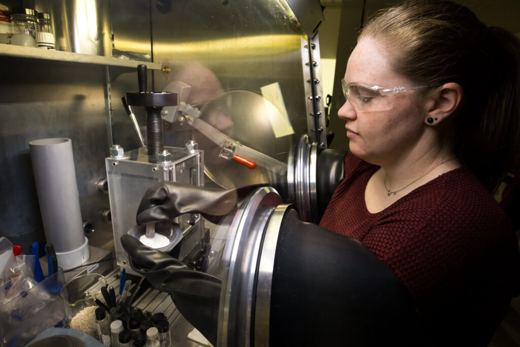 PNNL materials scientist Shannon Lee mixes raw materials to synthesize a new solid electrolyte, one of the promising candidates predicted using AI and HPC tools in the Azure Quantum Elements service. Source: Microsoft (2024)
