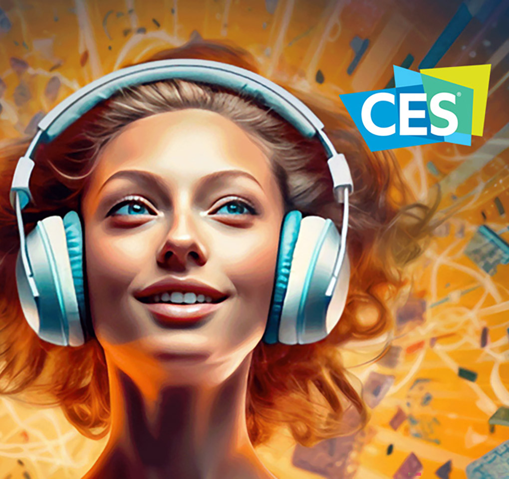Woman wearing headphones smiling next to CES logo