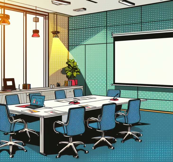 Meeting room with nine chairs and a whiteboard