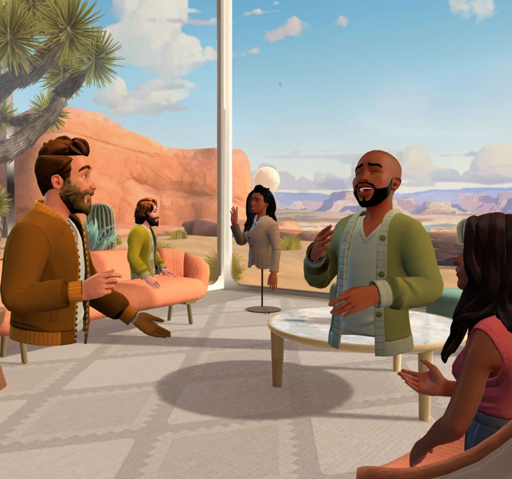 Five avatars of people meeting in an outdoor lounge on a sunny day